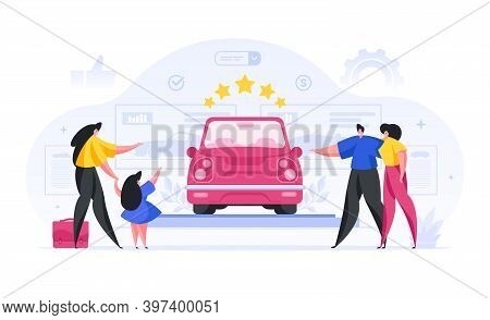 People Choosing Prestigious Car In Showroom Cartoon Concept. Man And Woman Admire Beautiful Red Conv