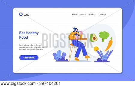 Healthy Lifestyle Landing Page Template. Woman At The Table Eating Healthy Food. Vector Illustration