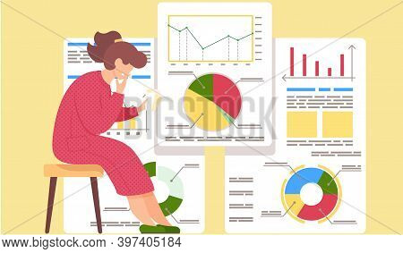 Pensive Girl Sits With Cards In Her Hands. Work With Statistics And Business Anatytics. Woman Thinks