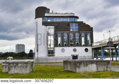Antwerp, Belgium, May 2012: View On Zuiderterras Cafe And Restaurant On The Scheldt River Bank In Th