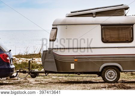 Caravan Trailer Camping On Coast, Spain.