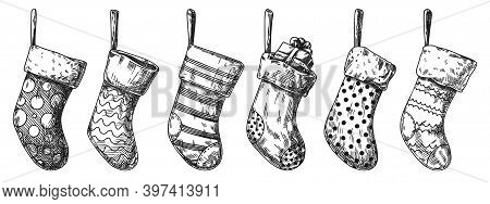 Set Of Christmas Socks. Different Socks Isolated On White Background. Sketch, Vector