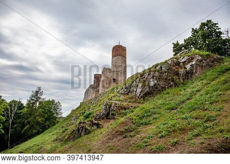 Checiny, Poland - September 06, 2020: Medieval Stone Fortress In Swietokrzyskie Mountains.