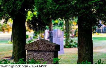 Headstone In A Lush Green And Peaceful Cemetery.