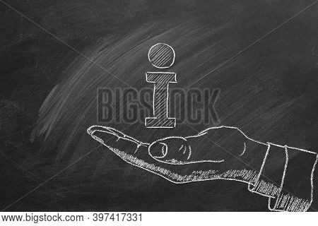 Human Hand And Info Icon Drawn In Chalk On A Blackboard. First-hand Information, Direct Information,