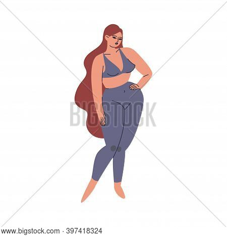 A Chubby Young Woman Posing In Trendy Gray Leggings And Tops. A Plump Girl Is Standing In A Hugging 