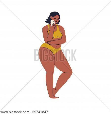 The Woman Takes A Photo. Beautiful Woman In A Trendy Yellow Swimsuit With A Phone In Her Hand. A You
