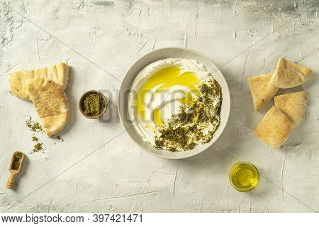 Popular Middle Eastern Appetizer Labneh Or Labaneh, Soft White Goat Milk Cheese With Olive Oil, Hyss
