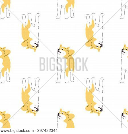 Repeat Seamless Pattern With Flat Style Cute Shiba Inu Dogs On White Background. Stock Vector