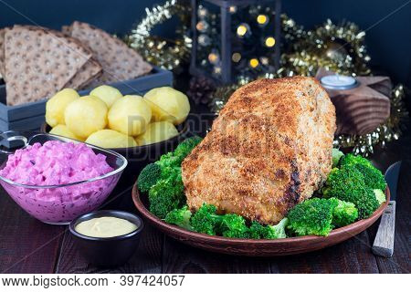 Traditional Swedish And Scandinavian Christmas Table With Baked Ham In Mustard Crumble Crust, Beet S