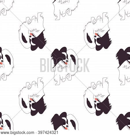 Repeat Seamless Pattern With Flat Style Cute Papillon Dogs On White Background. Stock Vector