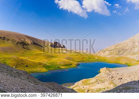 Amazing Mountain Lake Between Bolkar Mountain And Taurus Mountain. Panoramic View Of Black Lake. Nig