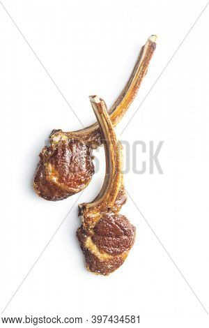 Grilled lamb chops isolated on white background. Top view.
