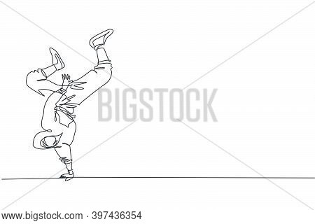 One Continuous Line Drawing Young Sporty Break Dancer Man With Hoodie Show Hip Hop Dance Style In Th