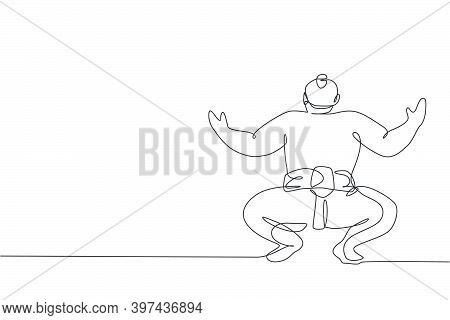 One Continuous Line Drawing Of Young Big Japanese Rikishi Man Prepare To Fight At Festival Tournamen