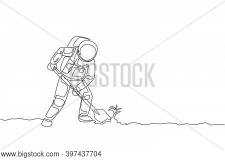 One Single Line Drawing Of Astronaut Digging Up Soil Using Metal Shovel In Moon Surface Vector Graph