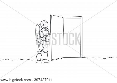 One Continuous Line Drawing Of Young Astronaut Opening Door Gate Into Another Dimension In Moon Surf