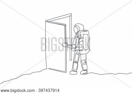 Single Continuous Line Drawing Of Astronaut Entering Open Door Gate Into New Dimension In Moon Surfa