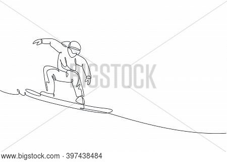 Single Continuous Line Drawing Of Young Sportive Snowboarder Man Riding Snowboard At Mountain. Outdo