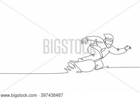 One Single Line Drawing Young Energetic Snowboarder Man Ride Fast Snowboard At Snowy Mountain Vector