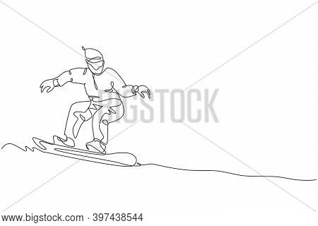 Single Continuous Line Drawing Of Young Sportive Snowboarder Man Riding Snowboard At Mountain. Outdo