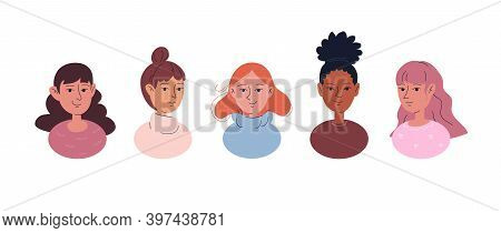 Hand Drawn Set Of Colored Female Doodle Avatars. Young Women Of Various Skin Colors, With Different 