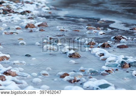 Beautiful Ice River At Caucasus Mountains Close Up View.