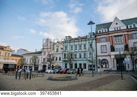 Main Town Charles' Square With Baroque Historic Houses With Stucco In Kolin, Central Bohemia, Czech 