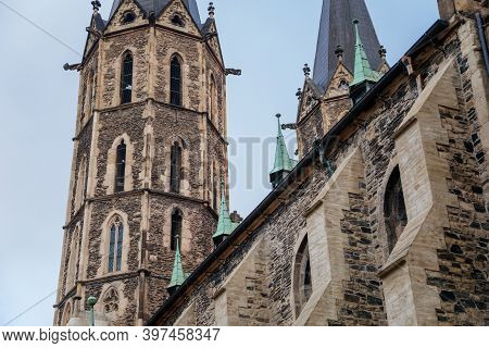 Medieval Stone St. Bartholomew´s Church In Autumn Day, Arched Windows, Chimeras And Gargoyles, Gothi
