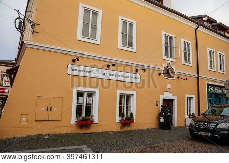 Narrow Picturesque Street With Colorful Buildings In Old Historic Center, The Oldest Inn In Kolin, H