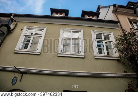 Narrow Picturesque Street With Colorful Buildings In Old Historic Center In Kolin, Central Bohemia, 