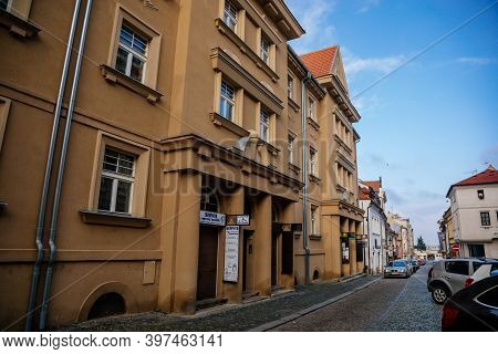 Narrow Picturesque Street With Colorful Buildings In Old Historic Center Of Kolin, Art Nouveau Moder