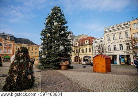 Main Town Charles' Square With Baroque Fountain, Historic Houses With Stucco, Christmas Tree And Chr