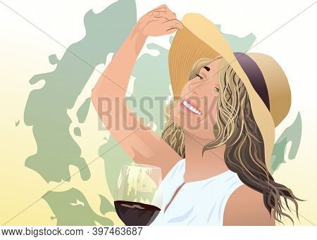 Joyful Blonde Woman In Sunhat And White Blouse With A Glass Of Wine In Her Hand. Green Abstract Stro
