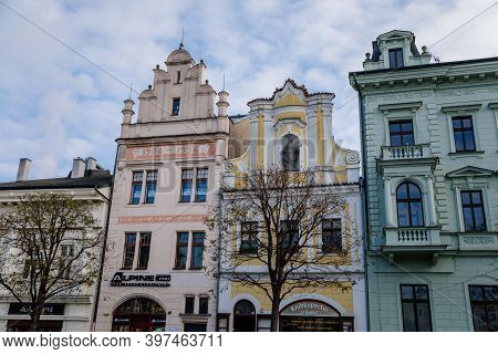 Main Town Charles' Square With Baroque Historic Houses With Stucco In Kolin, Central Bohemia, Czech 
