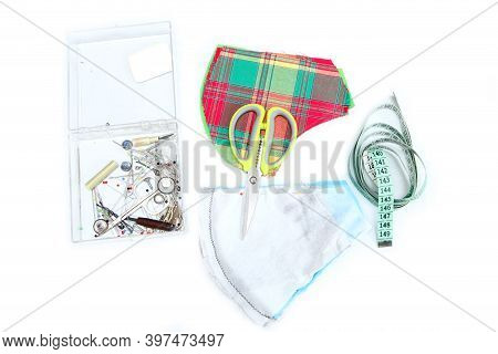 The Picture Shows The Equipment Needed For Home Sewing Of The Textile Masks For Protection Against T