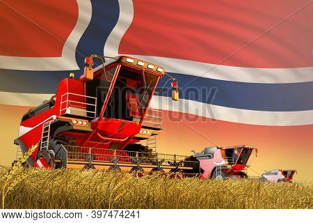 Industrial 3d Illustration Of Agricultural Combine Harvester Working On Rural Field With Norway Flag