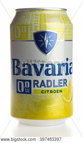Groningen, Netherlands - November 28, 2020: Can Of Bavaria Non-alcoholic Lemon Radler Beer Isolated 