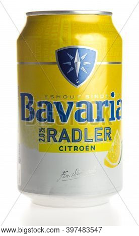 Groningen, Netherlands - November 28, 2020: Can Of Bavaria Lemon Radler Beer Isolated On A White Bac