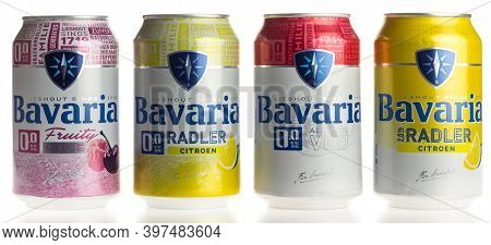 Groningen, Netherlands - November 28, 2020: Cans Of Bavaria Radler And Fruit Beers Isolated On A Whi