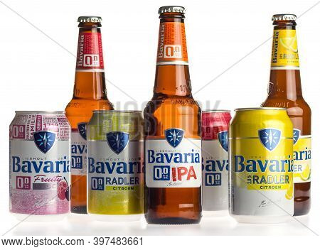 Groningen, Netherlands - November 28, 2020: Bottles And Cans Of Bavaria Beers Isolated On A White Ba