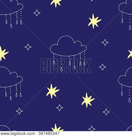 Seamless Vector Pattern With Clouds And Stars.