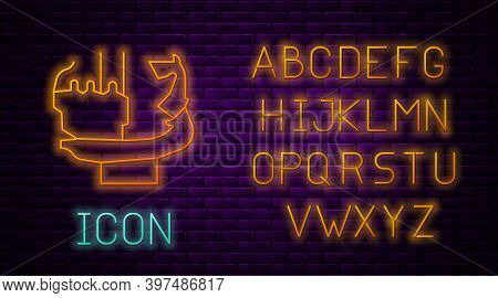 Glowing Neon Line Monument To Founders Of Kiev Icon Isolated On Brick Wall Background. Statue Of Kyi