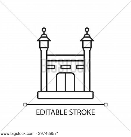 Hajj Linear Icon. Annual Islamic Pilgrimage To Mecca. Mandatory Religious Duty For Muslims. Thin Lin