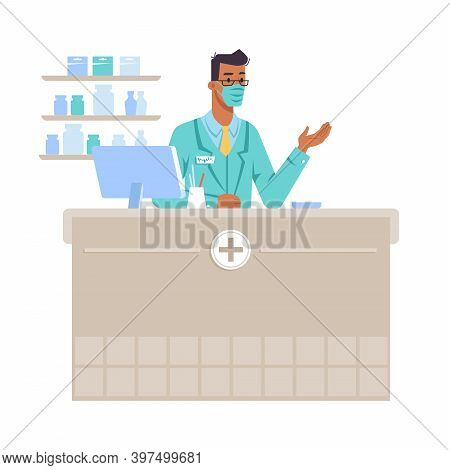 Workplace Of Pharmacist Wearing Protective Facial Mask Standing By Counter. Cashier Selling Medicine