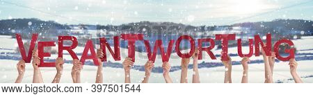 People Hands Holding Word Verantwortung Means Responsibility, Winter Background