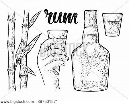 Glass And Bottle Of Rum With Sugar Cane. Vintage Vector Black Engraving Illustration. Isolated On Wh