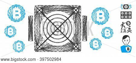 Vector Wire Frame Bitcoin Mining Asic Device. Geometric Wire Frame 2d Network Based On Bitcoin Minin