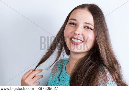 Girl With White Clean Teeth. Smiling Beautiful Girl.
