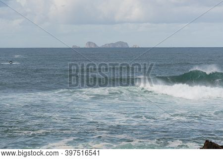 Berlengas Island Seen From Cabo Carvoeiro Cape In Peniche And Atlantic Ocean Waves, In Portugal